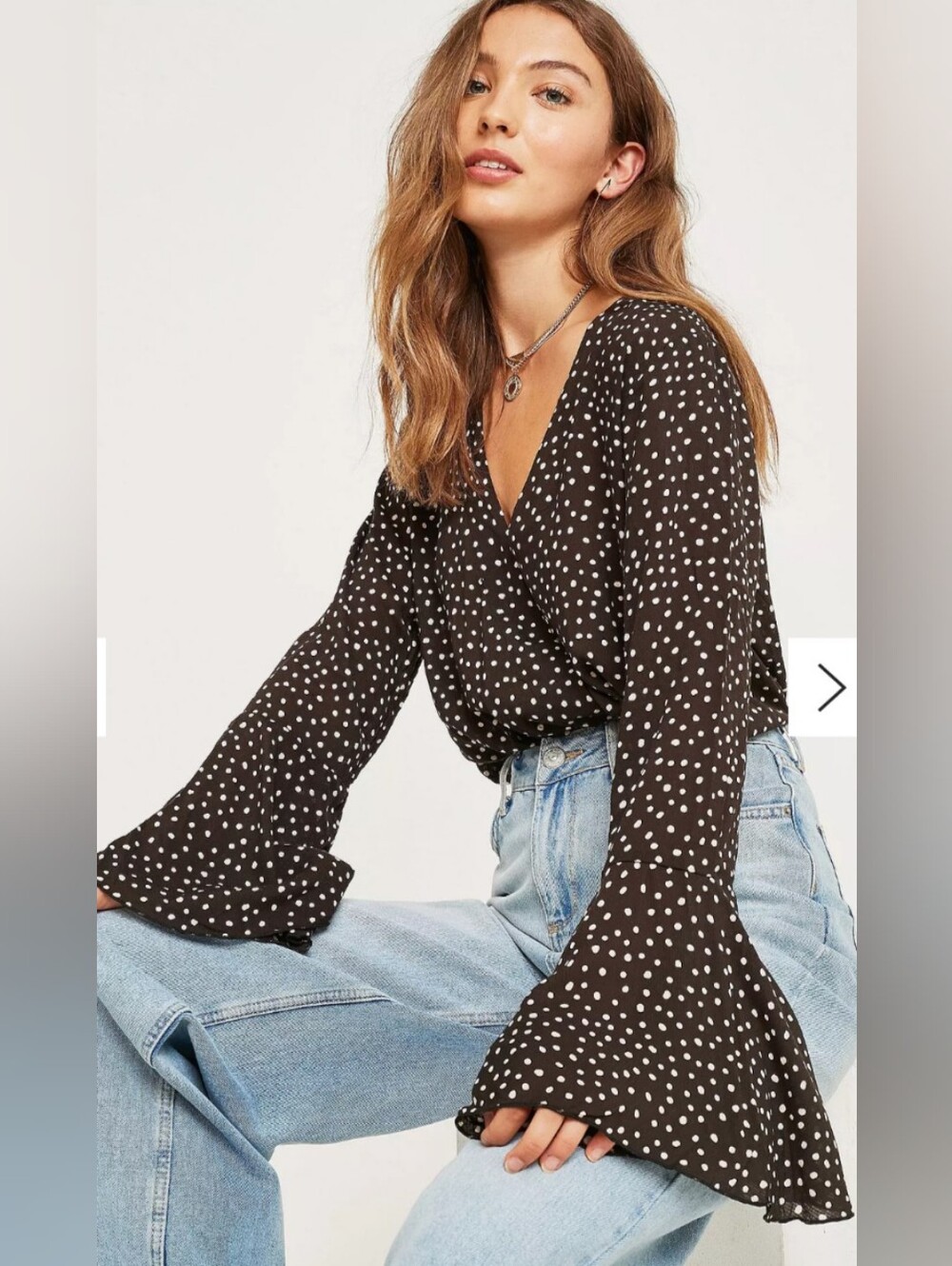 Free People Intimately Polka Dot Bell Sleeve Bodysuit Black White M